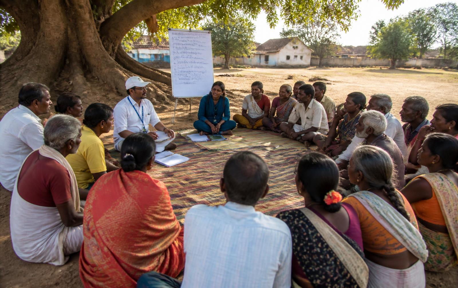Villagers of mixed ages sit in a circle on mats under a large tree during a community planning meeting with two facilitators