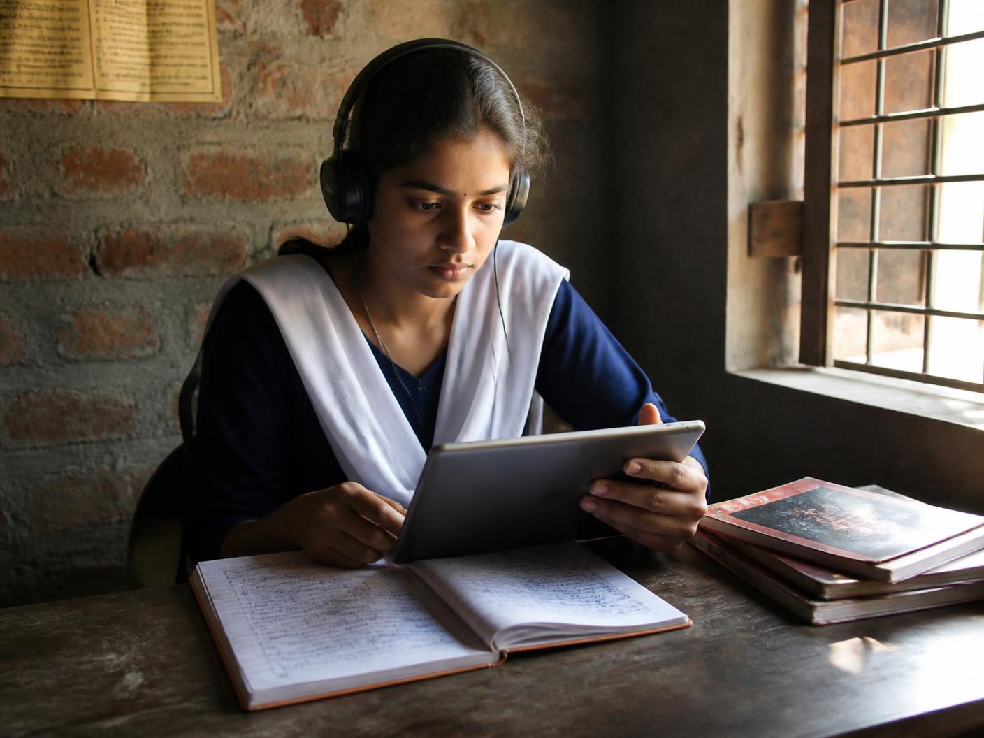 A student wearing headphones studies with a tablet and open notebook beside a sunlit window