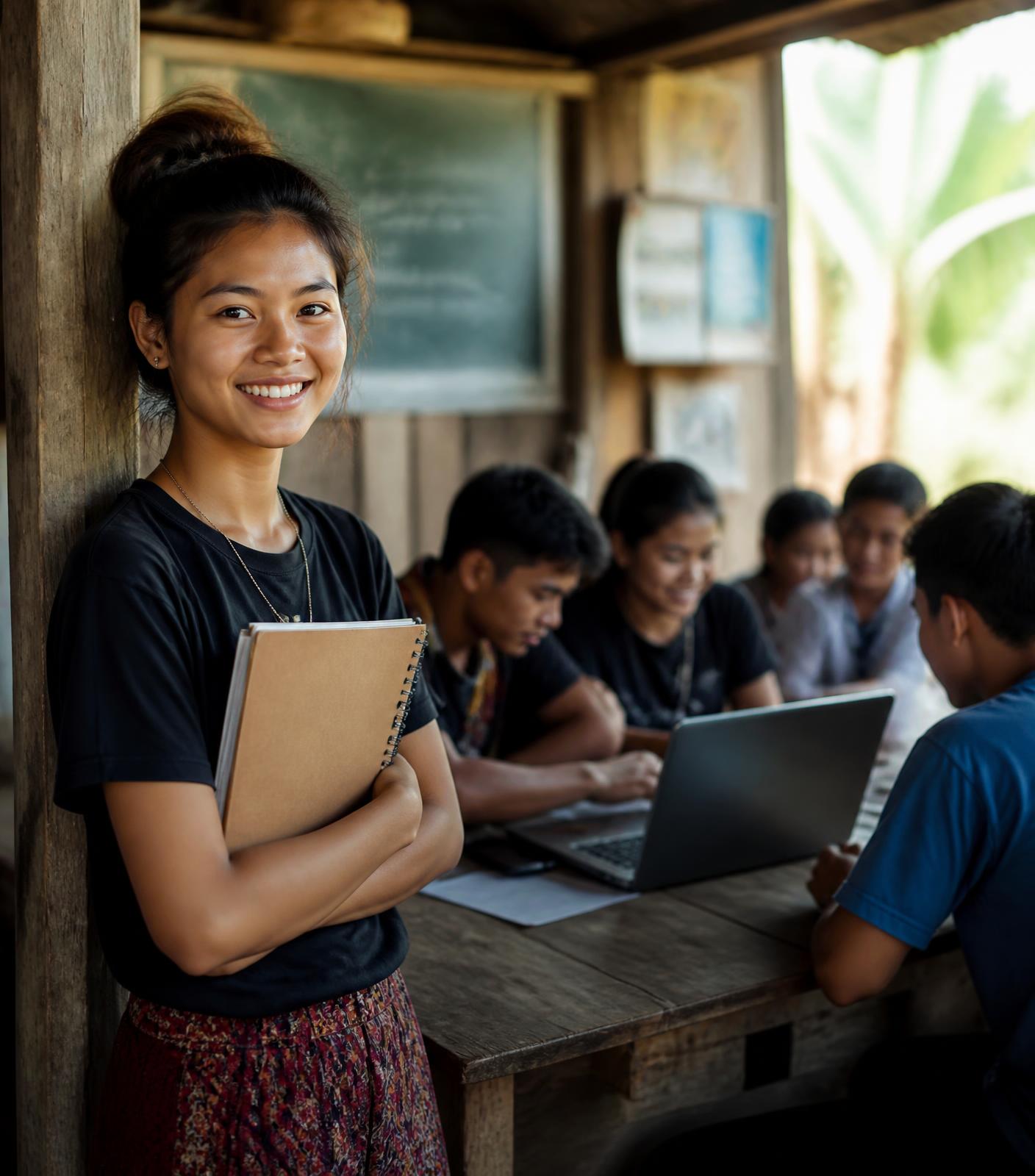 A young woman holding notebooks smiles in a rural community learning space while classmates work together at a wooden table with a laptop