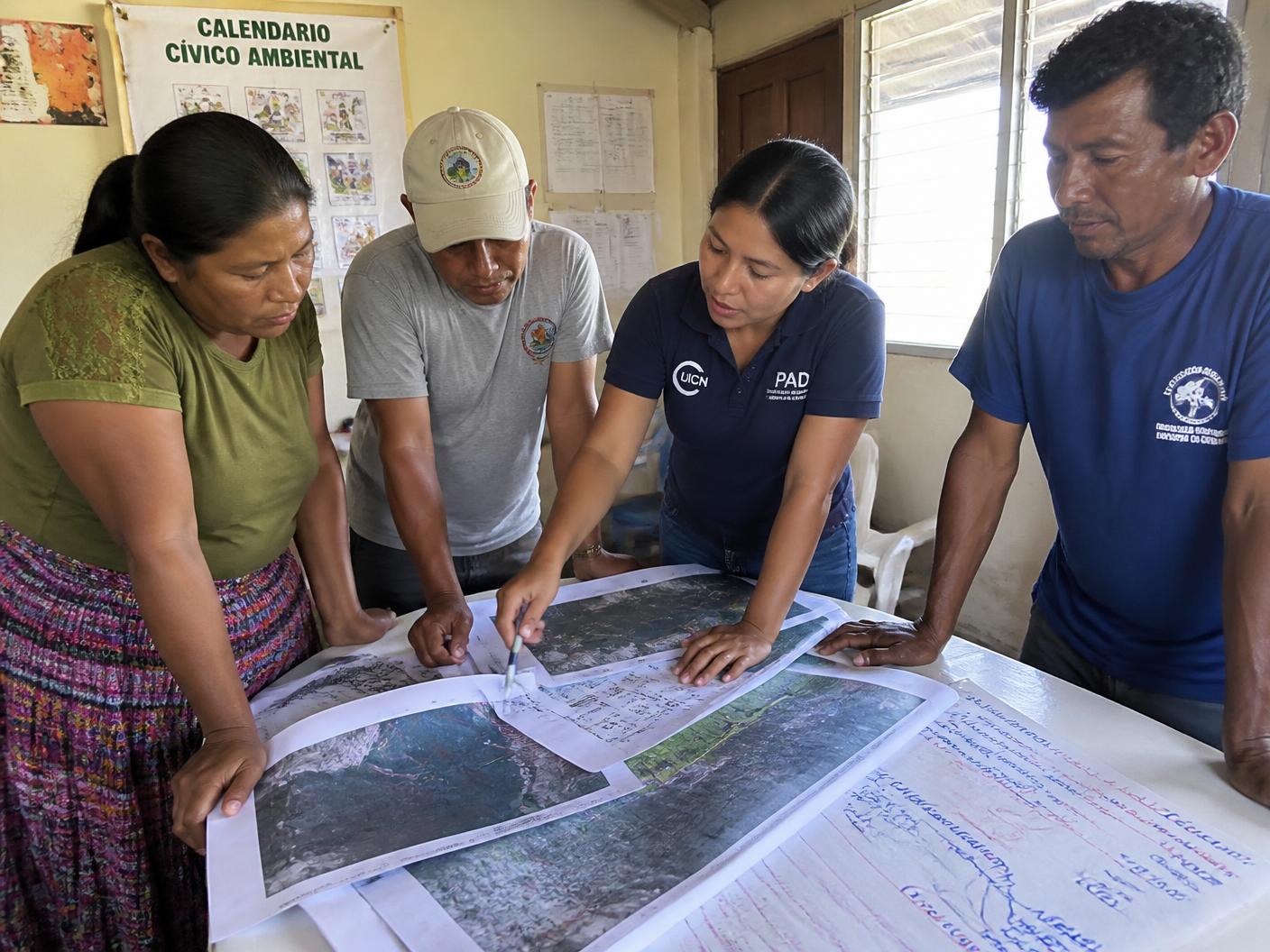 Four community leaders and programme staff reviewing printed field maps together at a table