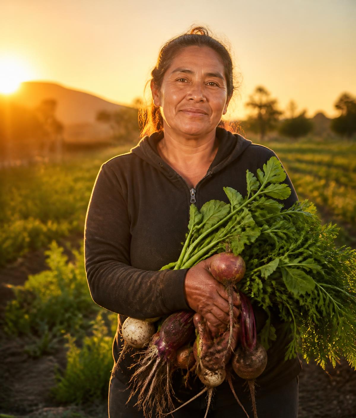 A woman farmer holding freshly harvested root vegetables in her field at sunset