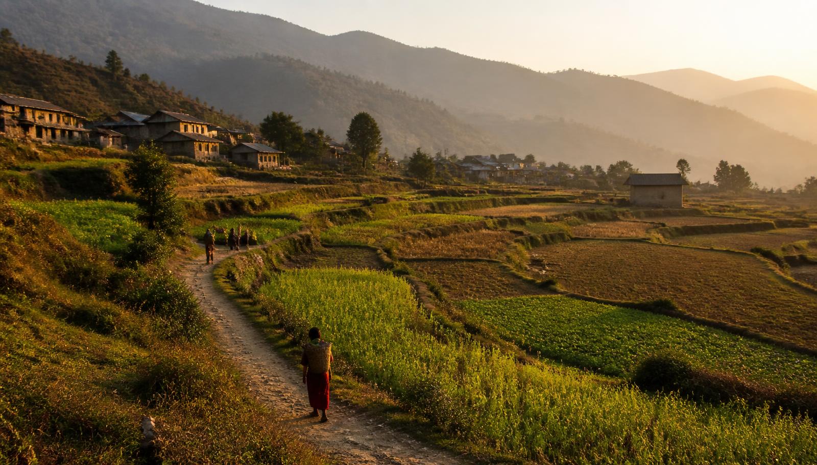 Small terraced farm fields and a hillside village at golden hour with a woman walking along a footpath