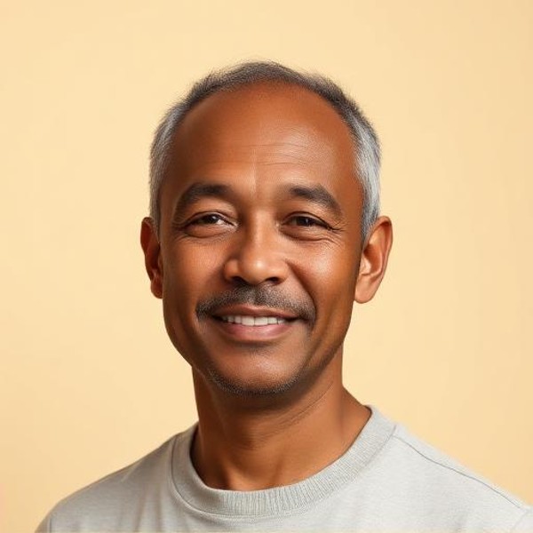 Environmental portrait of a man in a light grey shirt against a warm background