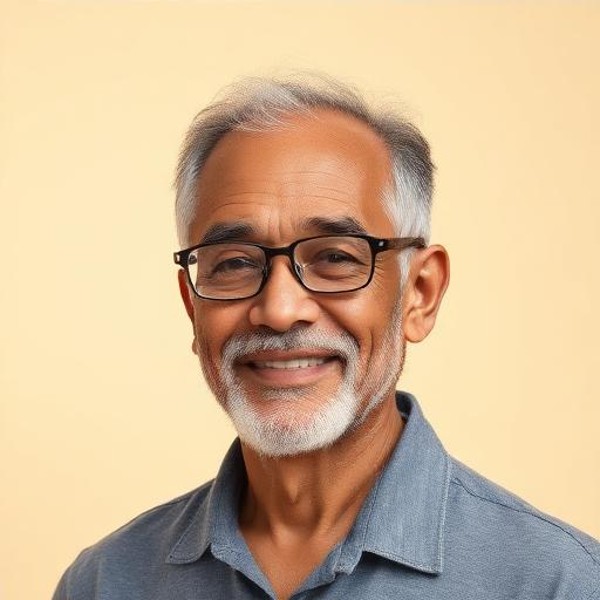 Environmental portrait of a man with glasses in a blue shirt against a warm background